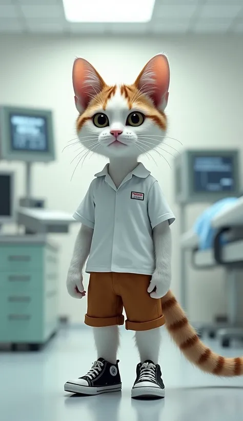 The white cat stripes , brown shorts,shoes black and white,hospital ,doctor treatment. 