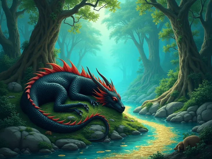  Draw a magical forest in turquoise green shades .  There is a golden stream inside him ,  flowing between trees .  Draw a black and red dragon in the center of the image, he sleeps peacefully ,  enjoying this summer day .  In the forest itself, there are ...