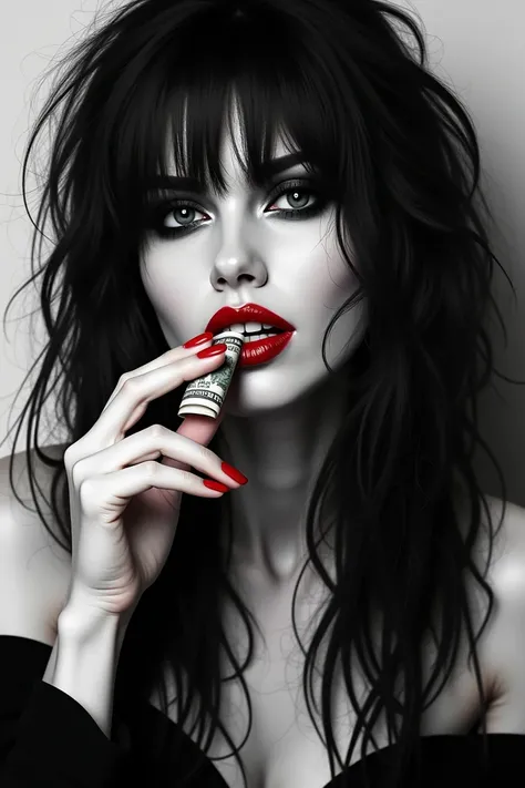 Monochrome woman red lips sharp red nails dark makeup  messy long black hair smoking a 100$ rolled bancnote