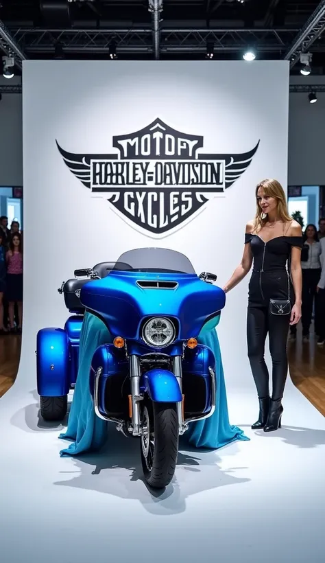 A sleek, modern (New 2025 Harley-Davidson Tri Glide ultra OFFICIALLY UNVEILED! The Ultimate Touring Trick Experience ) taking center stage in a showroom, partially covered with a white and white cloth displaying a prominent ( New 2025 Harley-Davidson Tri G...