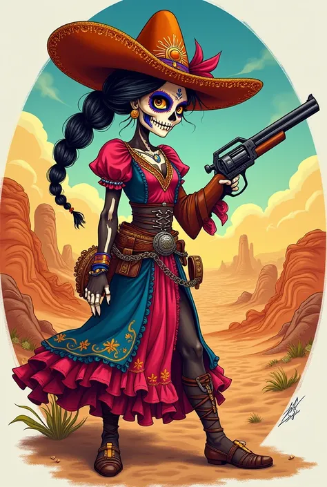 Mexican Katrina del Dia de Los Muertos wearing a profile hat holding a shotgun and dressed as a gypsy in a desert cartoon style HQ Cartoon , In colored pencils with a round frame around  