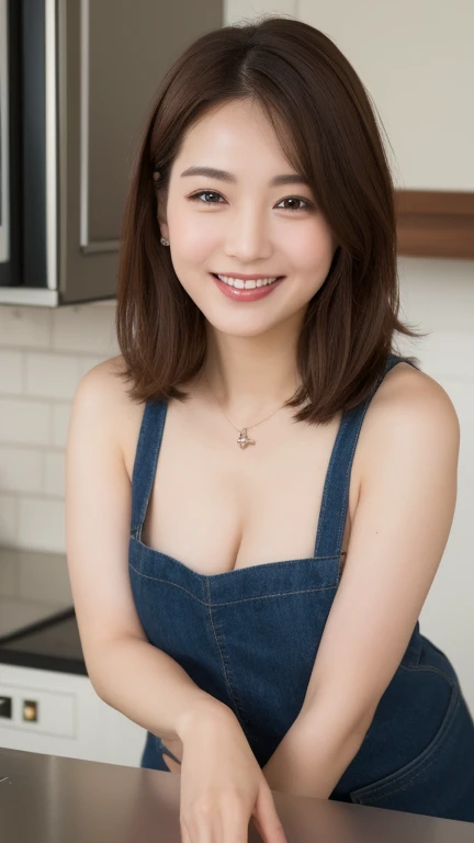 ( best quality, 8k, masterpiece: 1.3),  beautiful woman with perfect figure: 1.4,  dark brown hair , Wearing a pendant,  aprons,  in the kitchen,  High Definition Face and Skin ,  detail eyes,  double eyelid, (Big Breasts), (smile),( facing the front),(Abo...