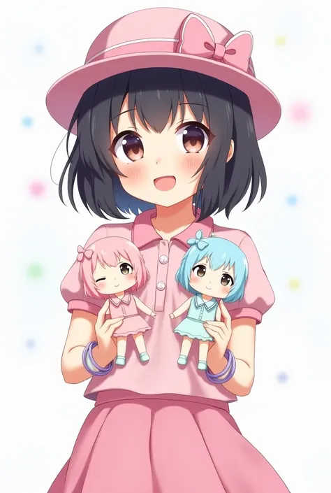  A girl with short black hair that reaches her shoulders pink hat with a pink bow pink polo shirt a pink skirt and bracelets on both.dolls of . the pink and light blue hands 