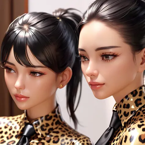 2 girls,  masterpiece,  ponytail,  black hair, Lens reflection, Reflected light,  buttoned in extremely tight shiny latex blouse with leopard pattern,Necktie,  high resolution , portrait,