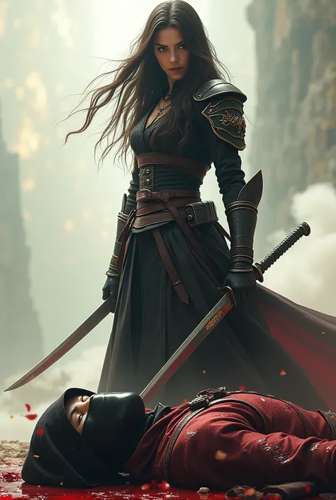 Hight quality, realistic, very beautiful woman, woman Soldier heaven, male neck bloody splashed, mal e ninja full face mask, male hoodie, male die, woman very thick hair, ninja very bloody in neck, woman cut neck ninja by knife, ninja worship to woman