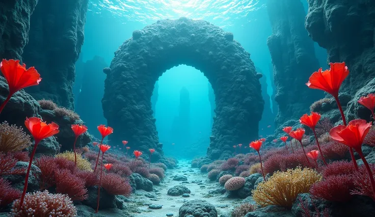 A gigantic and tall portal from a fictional movie, the Interstellar Portal is in the center of an underwater garden at the bottom of the ocean well detailed and with many abstract red flowers in the shape of abstract red hearts on thin stems, the very deta...