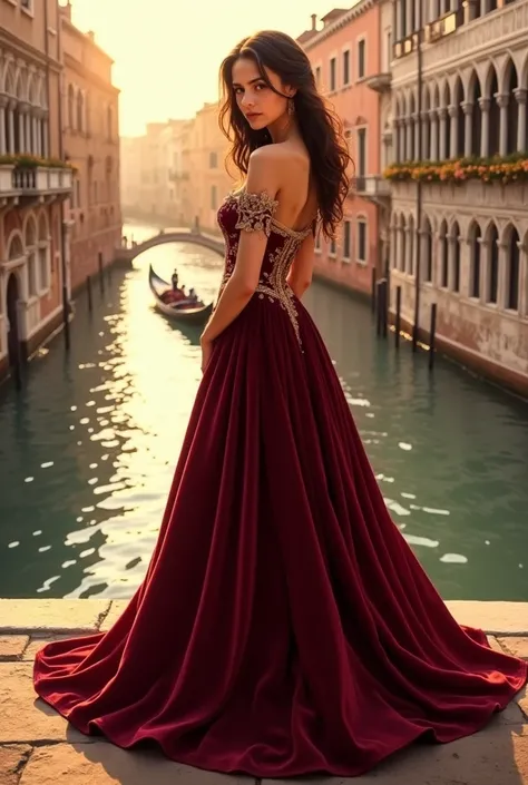 A serene Venetian canal at sunrise, with soft golden light spilling over the terracotta rooftops and reflecting on the gently rippling water. A gondola glides slowly past, piloted by a gondolier in traditional attire. In the foreground, a young Italian wom...