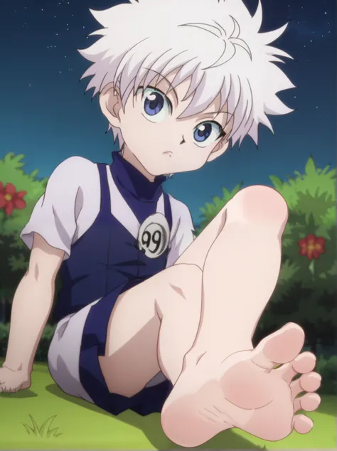 Score_9, score_8_up, source_anime, 1boy, Killua Zoldyck, big eyes, alone, looking at viewer, in a garden, sitting on the grass, night, cowboy shot, ANIME SCREENCAP, anime coloring, barefoot, perfect feet, anatomically correct, soles, low angle, focal lengt...