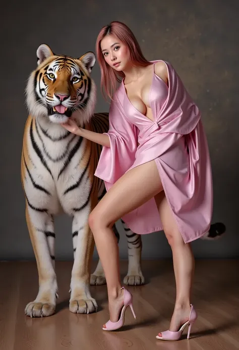  sexy woman with big tiger, thin,  big breasts ,   show me your legs , 脚を見せてください, Show me your legs , Show me your whole body with Tacones Rosas ,  pink hair,  long hair, Open yukata 