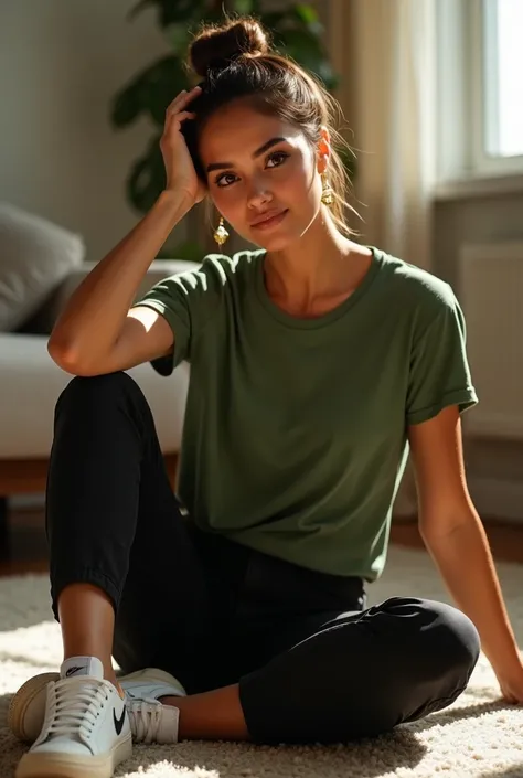  Generate a very realistic and natural photo of a beautiful 35-year-old Brazilian woman with tanned skin  , hair tied in a bun  ,  is wearing perfect makeup  , gold earrings, light and seductive smile ,  You are wearing a green t-shirt and black pants and ...