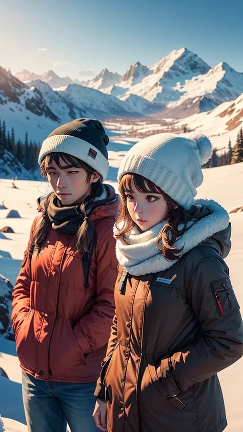  
A man and a women watching the scenery of mountain view in snow wearing warm clothes in sunny day