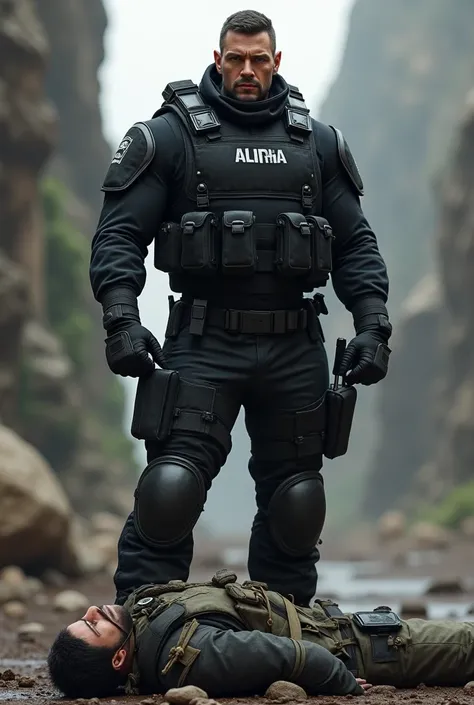 I want a well-armed first-person soldier in black with all his tactical equipment to say ALPHA on his chest and stepping on the back of his bound and gagged enemy
