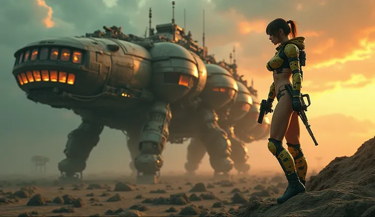 Realistic, Cinematic photo, create the character in an imaginative, surreal environment that feel artistic and out-of-the-box. Beautiful mechanized wing valkyrie girl, woman in a yellow green black brown uniform holding a gun, mechanical bikini, tattered m...