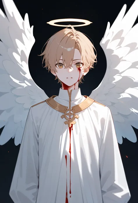  Best Quality Masterpiece ,  Height Detail ,  Light brown hair ,  with central hair , 1 Male，juvenile，  solo ， pretty face， Pure white clothes, White, Angel,halo，white skin，Angel翅膀，Bloody ，White背景有很多血，White眼睛，shadow， Dynamic pose 