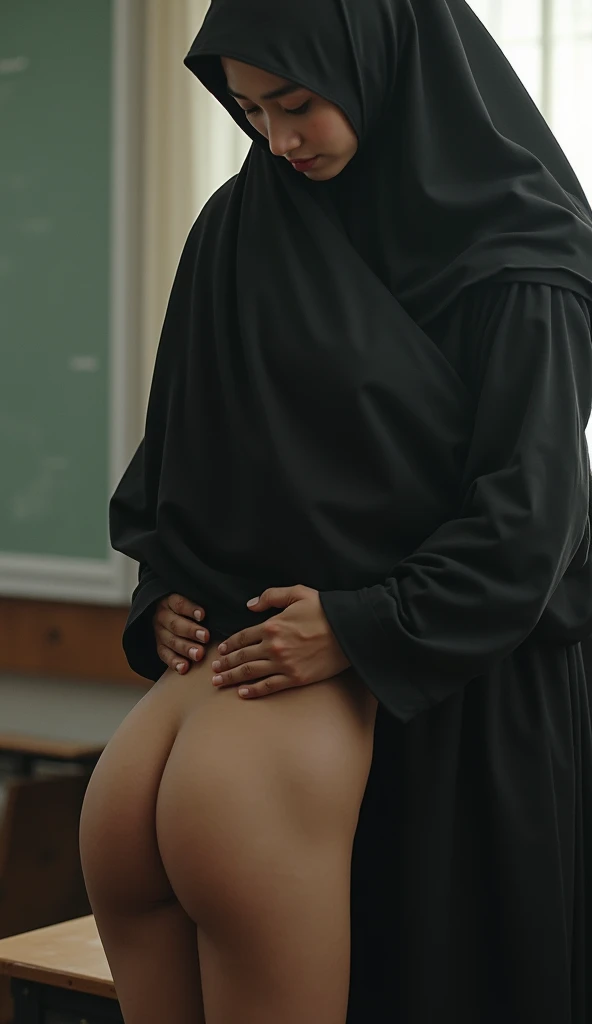 Asian sissy boy in hijab , spanked over lap teacher lap , ass bare , back view, roughly