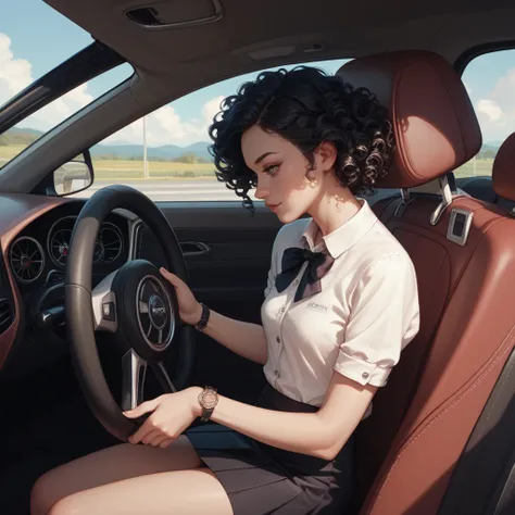 young woman drives with hands on the steering wheel, white official shirt, black tight mini skirt, black curly hair, flat breasts, inside car