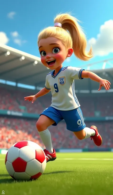 A cinematic style Rose Bertram soccer player, featuring a young girl with a playful, oversized head and a bright smile, runs on a lush green field. She wears a white and blue soccer uniform with the number 9 on her shirt, and her blonde hair is styled in a...