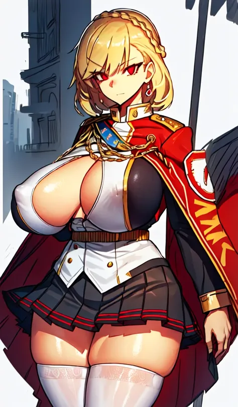 (Matte texture), (cowboy shot:1.1), 1 woman, (blonde hair), (short bob), (red eyes), (long eyelashes:1.1), (sharp eyes), (detailed eyes:1.1), (sensual body),  (gigantic breasts:1.5), (thick thigh:1.3), (wide hip), (military uniform, pleated skirt), (simple...