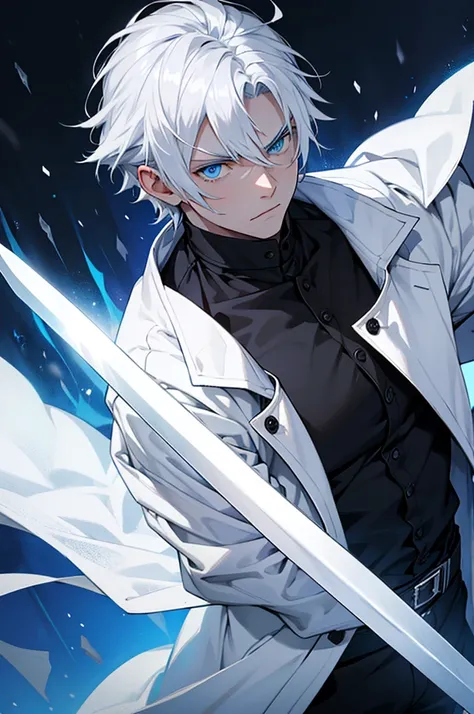 A young man with white hair, blue eyes, wearing a black shirt and a white coat, holding a sword with a serious expression.