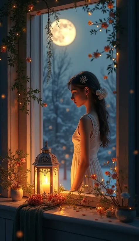 close up of a cute girl stand inside  on a window, on the windowsill stand only one  Cottagecore Lanterns With Floral Christmas decoration, 
night, moon, candles, detailed painting, view from inside,art by Thomas Kinkade digital art, Jean-Baptiste Monge st...