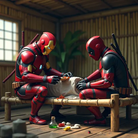 Ironman in army uniform lying on a simple bamboo bed in a hut,  while deadpool cleans his wounds with cloth and traditional vietnamese medicine."