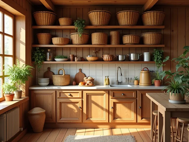 "A rustic kitchen with woven baskets placed above the cabinets. The baskets are of various sizes and textures, adding a natural and cozy vibe to the space. Warm wood tones dominate the decor."