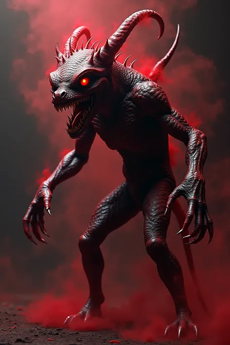 Create an image of a demonic creature with a volsfagen golf order of red and black colors in the image, and post nick kitten xd with an interesting font 