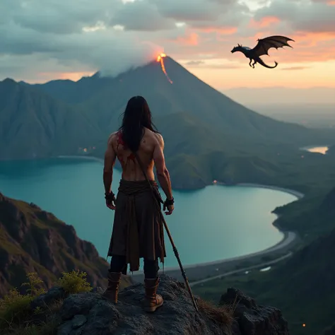 a man with a bare back with blood ,  with long hair and with a spear in his hand , At the top of a mountain ,  in the open you can see a dormant volcano surrounded by huge mountains and a lagoon between them,  In the dark evening with a flying dragon 