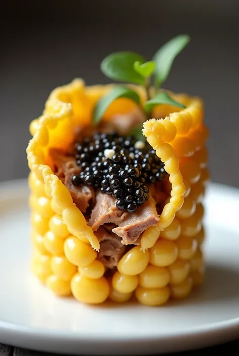 Cylinder of a crispy corn filled with shredded lamb and fake caviar