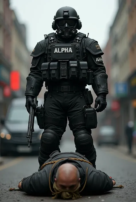  I want a well-armed first-person soldier in black with all his tactical equipment to say on his chest (Alpha)  and stepping on the back of his enemy tied and gagged and saying on his arm  (Beyacos )
