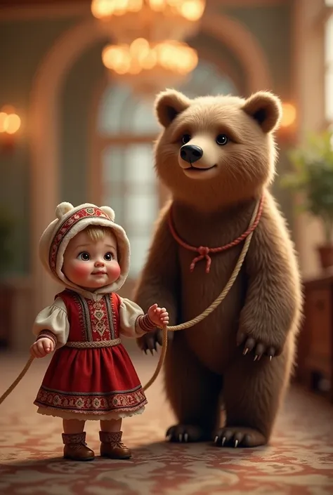  An adorable baby dressed in a cold Russian costume  ,  parading with a grizzly bear on a leash detailed .  The setting is elegant and in an indoor environment illuminated with blurred lights in the background,  creating a magical and welcoming atmosphere ...