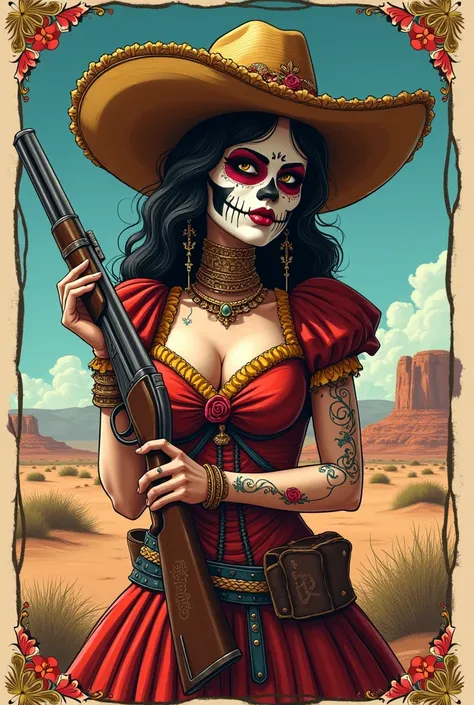 Mexican Katrina del Dia de Los Muertos wearing a profile hat holding a shotgun and dressed as a gypsy in a desert cartoon style HQ Cartoon , In colored pencils with a round frame around realistic drawing style pin UP vintage tattoo realistic drawing macabr...