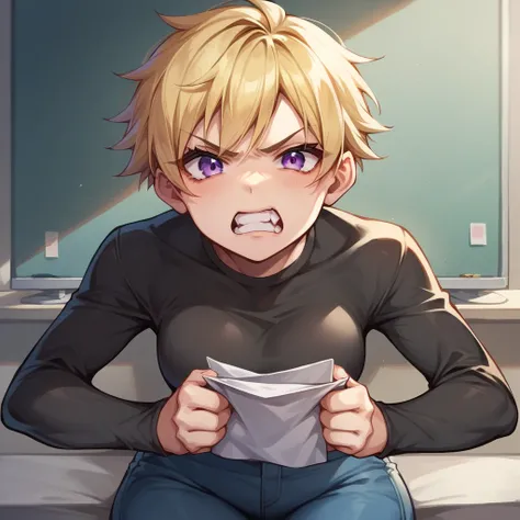 a tomboy with blonde hair and purple eyes. she is shouting at you and looks angry while inside an office. she is wearing a long sleeve black shirt and blue jeans.