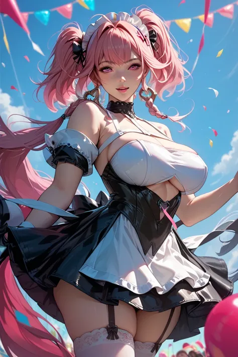 A very beautiful maid in a maid costume huge tits huge ass long pink hair with pigtails pink eyes at a party