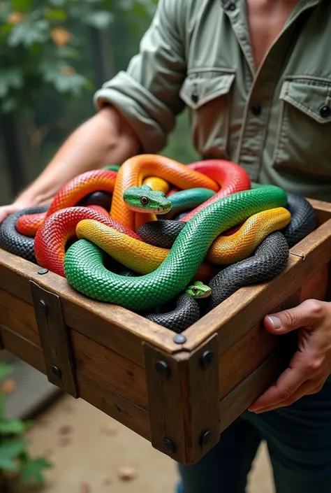 A vibrant and dynamic scene of a wooden box filled with snakes in various bright colors such as green, red, blue, yellow, and black, their scales shimmering vividly. The snakes are intertwined in an organic, lively pattern. The box is held by a mans arms, ...