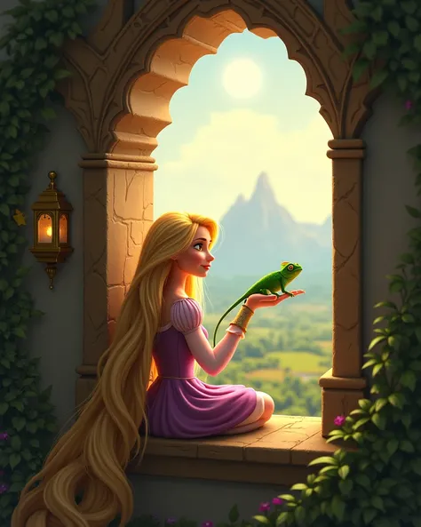 rapunzel,  sitting in the window of his tower ,  looking at the horizon,  there are mountains in the distance, Theres a little bit of sunshine ,  holds Pascal in his hand .