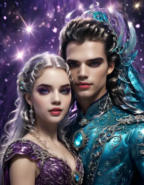 " Exceptional quality , 32k,  Ultra HD:1.2),  Vivid details on eyes and lips ,  intense and captivating look , Silky smooth skin,  curly purple hair that shines with sparkles,  elfin ears that add a touch of charm ,  tight and elegant clothing that highlig...