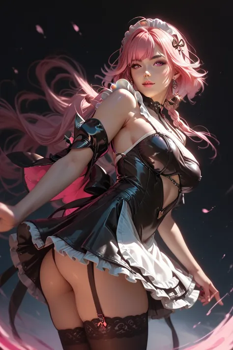 A woman with beautiful faces big boobs big ass pink hair pink eyes in a maid costume in a private club