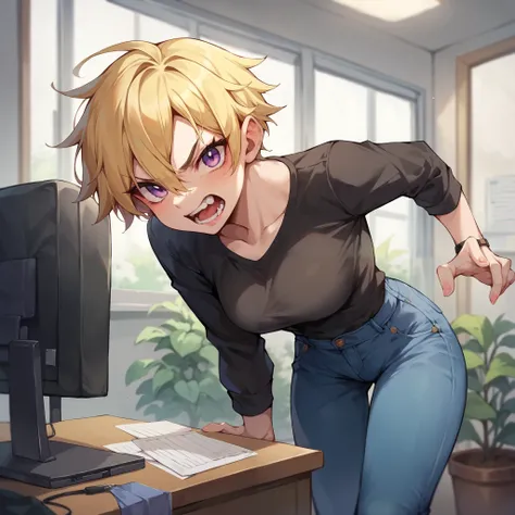 a tomboy with blonde hair and purple eyes. she is shouting at you and looks angry while inside an office. she is wearing a long sleeve black shirt and blue jeans.