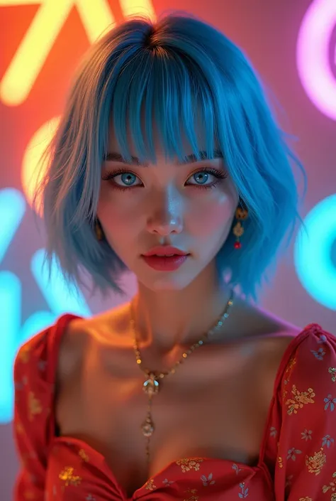 Kpop idol girl with golden skin color. And she is not Korean, she has short blue hair, a stylish square, blue hair, long bangs, blue eyes... And give her a little Indian look by wearing a long-sleeved dress