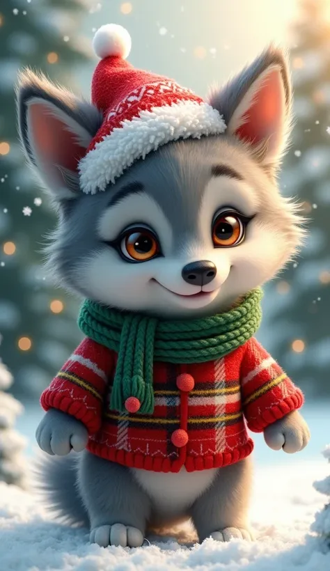 A mini wolf in Christmas clothes