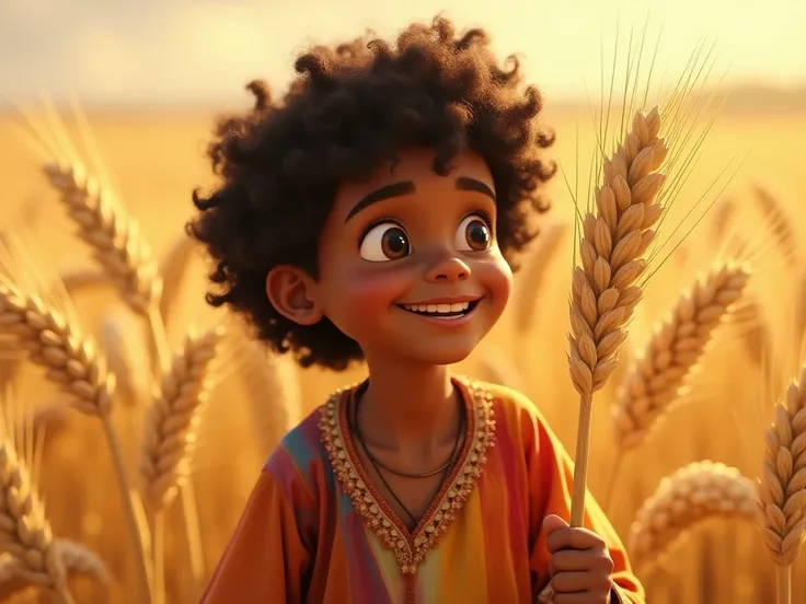 A young José ,  with brown skin and curly hair ,  wearing a multi-colored tunic that shines under the sun .  He is in a golden wheat field ,  with bundles of wheat curving around a single bundle erect in the center.  His face displays a smile of fascinatio...