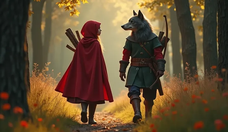 Little Red Riding Hood, now a young woman in a scarlet cloak and worn boots, walked through the forest with The bow hung across his back carrying firewood, Little Red Riding Hood, now a young woman in a scarlet cloak and worn boots, talking to the big bad ...