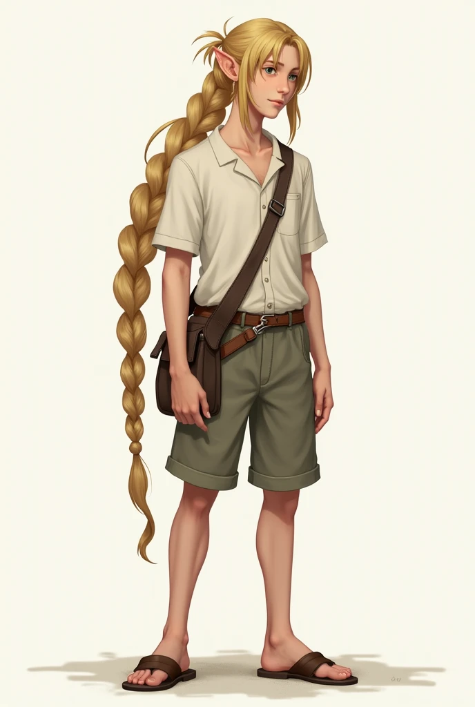 Full body and legs . elf guy,  shorts and a shirt . blond,  have hair wrapped in a very long ponytail. shoulder bag.