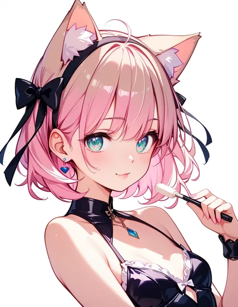  High image quality 、        High Quality       、         girl with cat ears      、         salmon beige hair    、 pastel pink inner color、Beige ears 、 medium hair  、  Rob    、    The hair is beige and pastel pink、     turquoise eyes  、  short、       small...