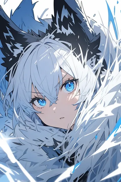 blue-eyed girl with white hair and a wolf boy