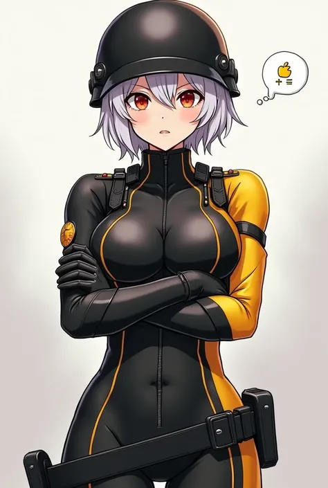  soldier female android anime ,  short white hair , medium crimson eyes ,with arms crossed , cute and attractive ,Cold and serious,with arms crossed, a black and yellow military tunic and tight,  a black anti-riot helmet 