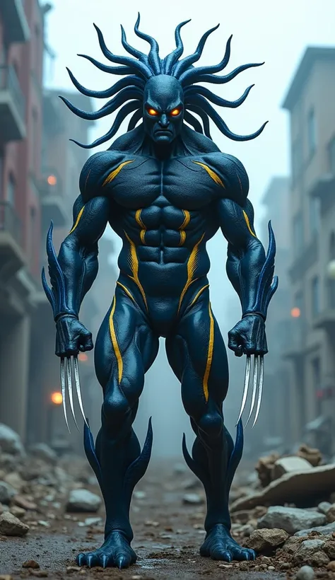 "An alien hybrid being with dark blue skin and organic texture, displaying characteristics of Wolverine, including long, sharp metal claws coming out of both hands. The muscular body features details in bright yellow tones distributed across the torso and ...