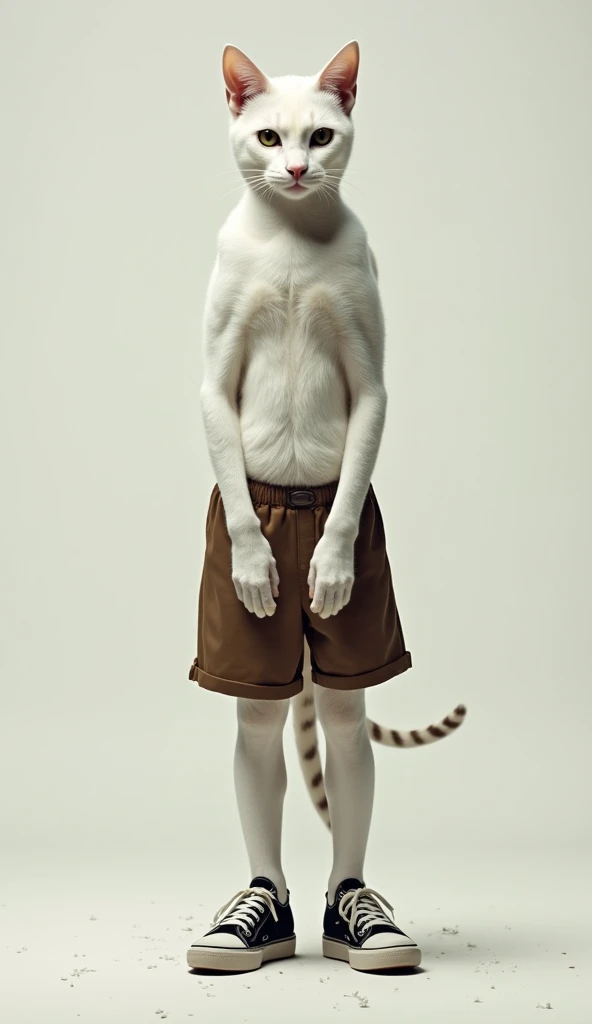 The white cat stripes , brown shorts,shoes black and white, the white cat death 