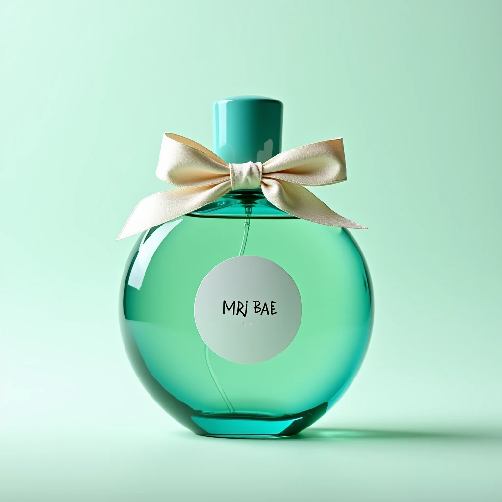 A turquoise green perfume with a bow named "MRj Bae"